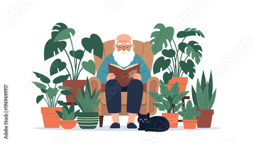 Elderly man with a long white beard sitting comfortably in an armchair and reading a book while surrounded by many green indoor plants.