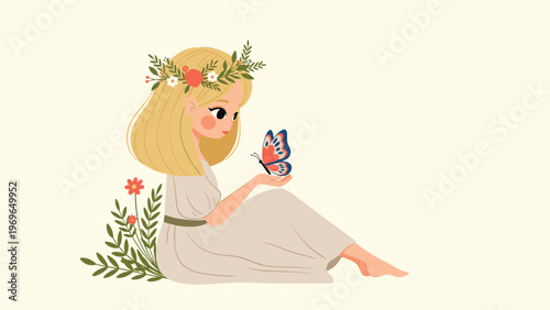 Young girl wearing a flower crown sitting in a garden while a colorful butterfly lands gently on her outstretched hand.