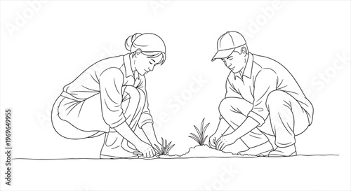 Gardeners planting seedlings, man and woman crouching, line art outline vector illustration