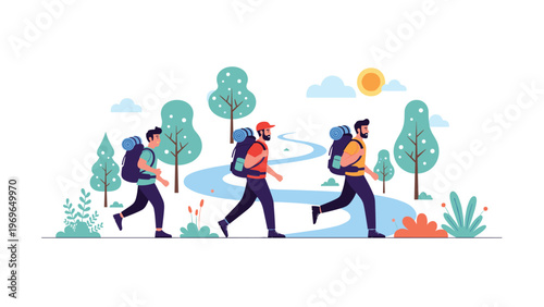 Group of three men wearing backpacks and hiking through a scenic forest with a winding path, trees, and a sun in the background.