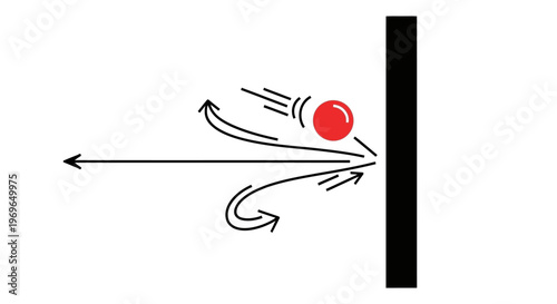 Red Ball Rebound: A red sphere in motion collides with a dark wall, initiating a series of dynamic rebounds, capturing the laws of physics in a visual narrative.