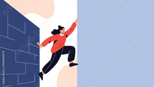 Ambitious woman in red sweater jumping over gap between two walls symbolizing overcoming challenges and barriers.