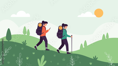 Two female hikers with backpacks walking along a green hilly landscape during a sunny day with clouds and a bright sun in the sky.