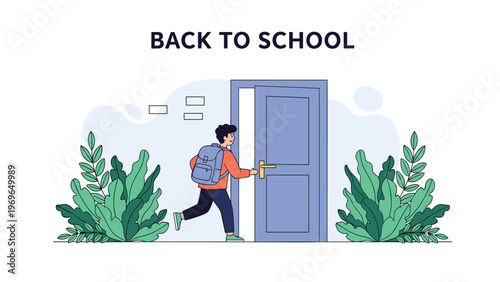 Young boy with a backpack excitedly running through a door toward a school building for the start of the new academic year.