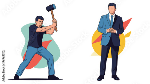 Contrasting illustration of a powerful man swinging a large mallet and a professional businessman in a suit with folded hands.