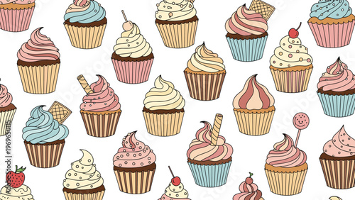 Detailed pattern illustration featuring various delicious cupcakes with different frostings and toppings such as cherries wafers and strawberries.