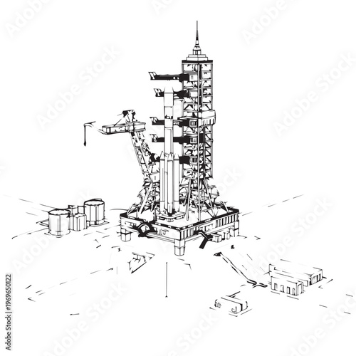 Sketch of a rocket on a launch tower and pad with scaffolding and industrial surroundings.