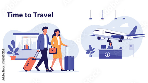 Happy travelers with suitcases walking through a modern airport terminal while a large airplane flies overhead near a helpful information desk.