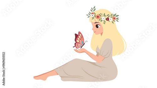 Beautiful young woman with long blonde hair and a flower crown sitting peacefully while a butterfly lands on her hand.