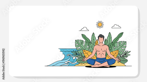 Man sitting in a lotus pose and practicing yoga on a sandy beach with tropical leaves, ocean waves, and a bright sun in the background.