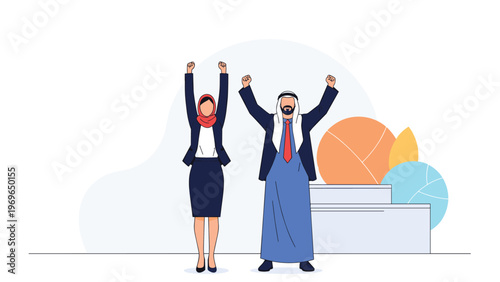 Businesswoman in a hijab and a businessman in traditional Arab attire celebrating together with their arms raised in success.