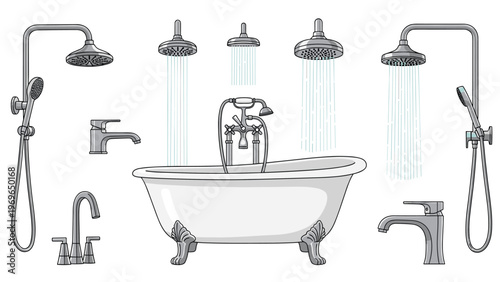 Collection of various bathroom fixtures including different shower heads, faucets, and a classic clawfoot bathtub set.
