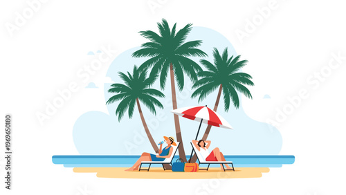 Two young women relaxing on lounge chairs under a striped umbrella and palm trees on a beautiful tropical beach by the calm blue ocean water.
