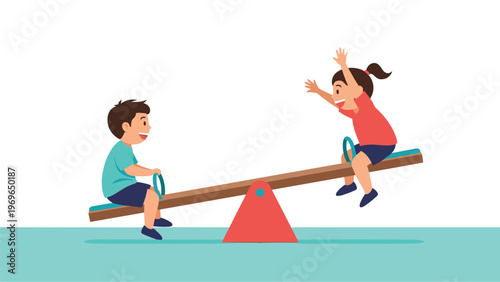 Cheerful little boy and girl playing together on a colorful seesaw at a playground enjoying their childhood and having fun outdoors in the sun.