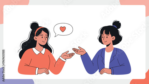 Two young women in professional attire sitting at a table and having a friendly conversation with a heart speech bubble.