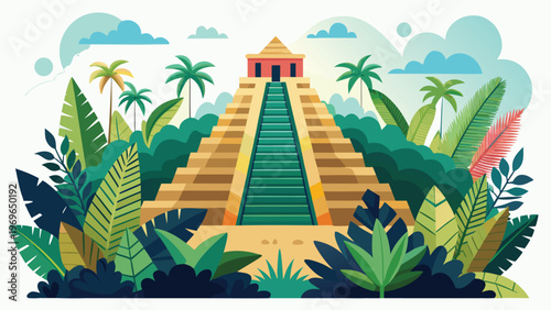 Ancient pyramid stands tall in a dense jungle under a bright sky with palm trees swaying gently in the background
