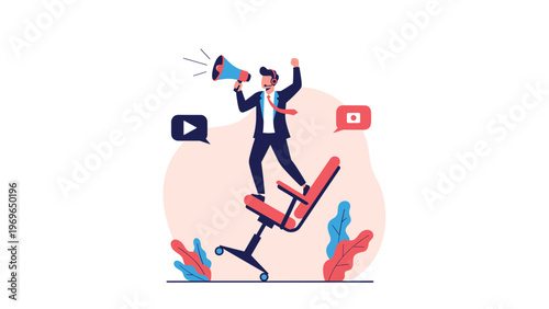 Enthusiastic businessman in a suit standing on an office chair and shouting through a megaphone to motivate or make an announcement.