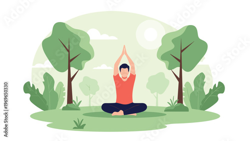 Man sitting in a yoga pose and meditating in a green park surrounded by trees, plants, and a soft glowing sun in the sky.