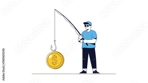 Determined fisherman wearing sunglasses and a blue shirt catching a large gold dollar coin with his fishing rod.