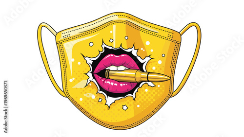 Creative illustration of a yellow protective face mask featuring a mouth biting a golden bullet in a bold pop art style for a modern statement.