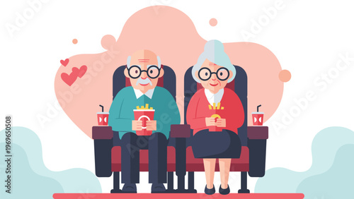 Cute elderly couple sitting in red cinema seats eating popcorn and drinking soda while enjoying a romantic movie date at the local movie theater.