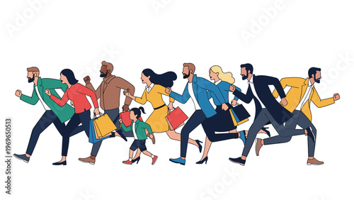 Large diverse group of people with shopping bags running enthusiastically toward a big sale event or store opening.