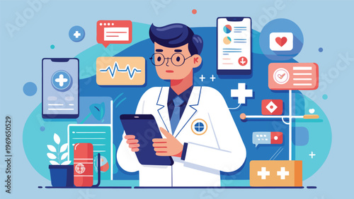 Doctor checking health data on tablet while surrounded by medical apps and devices in a digital environment