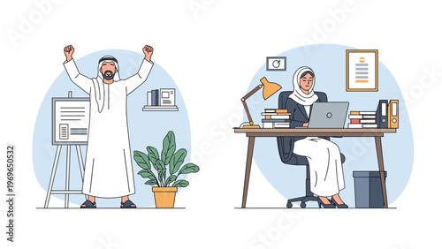 Professional Muslim man and woman in traditional attire working in modern offices with one celebrating success and the other using a laptop.