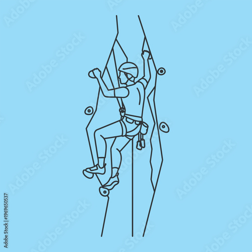 Rock climber in helmet and harness climbing vertical wall with holds rock climbing wall climbing bouldering