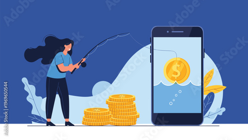 Creative illustration of a woman using a fishing rod to catch a golden dollar coin floating inside a smartphone screen.