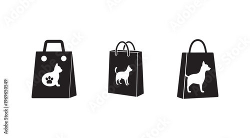 Black shopping bags with dog and cat designs on white background  pet store packaging
