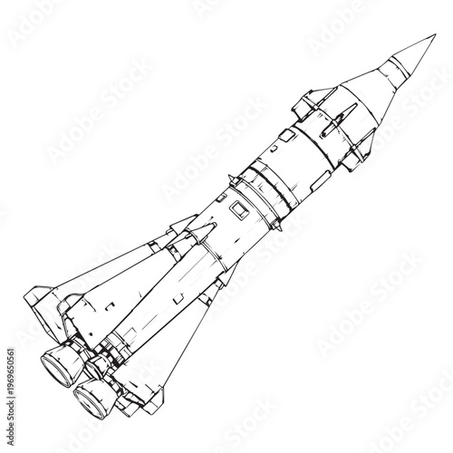 Hand-drawn rocket sketch depicting a multi-stage spacecraft design with propulsion concepts and launch features.