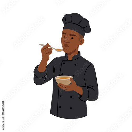 A chef tastes soup with a spoon while holding a bowl in kitchen.