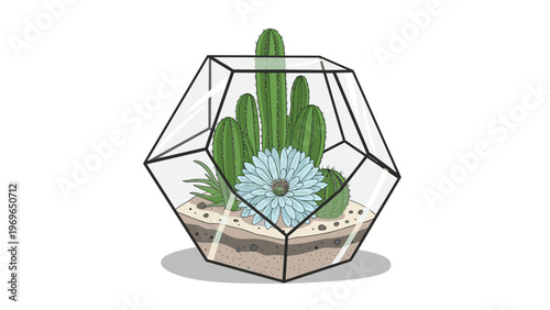 Beautiful glass geometric terrarium containing various cacti and a large light blue flower on a bed of sand and pebbles.