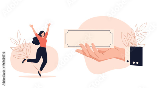 Giant hand offering a large white check to a joyful woman jumping for joy celebrating a significant lottery win or unexpected financial bonus.