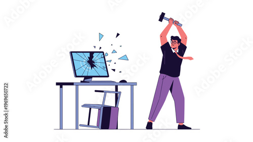 Stressed businessman wearing a purple suit smashing his computer monitor with a heavy hammer due to technical frustration and work pressure.