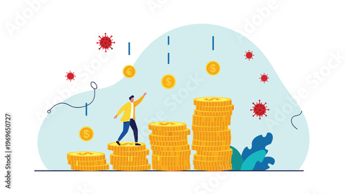 Determined businessman climbing up a staircase made of golden coins while being surrounded by virus particles representing economic recovery.