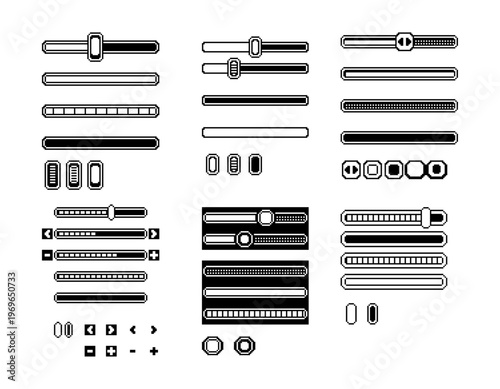 Pixel art UI slider and progress bar set in retro monochrome style, bar, button, toggle and indicator for game interface, setting menu and HUD systems.