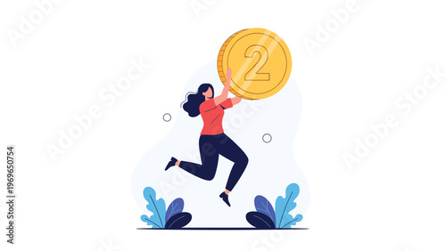 Energetic young woman jumping high in the air while holding a large golden coin with the number two representing a successful financial goal.