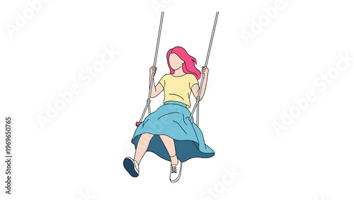 Young woman with bright pink hair wearing a yellow shirt and blue skirt while swinging high on a simple rope swing.