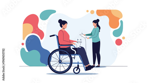 Compassionate woman helping a person in a wheelchair with a small white cat on their lap in a colorful abstract setting.