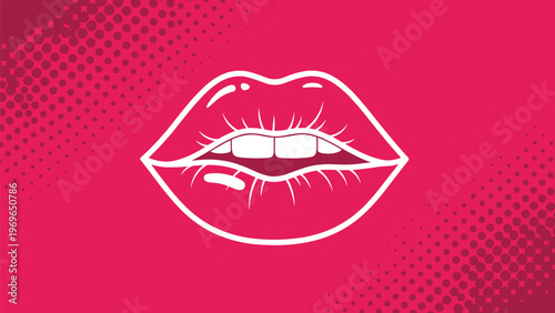 Sexy pink lips slightly parted to reveal white teeth against a magenta halftone background in a classic pop art style for a bold visual effect.