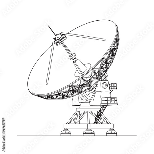 Large radio telescope antenna and support structure ready for astronomical observations.