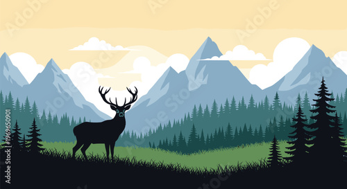 Silhouette of a majestic stag standing in a forest clearing with snow capped mountains under a golden sunset.