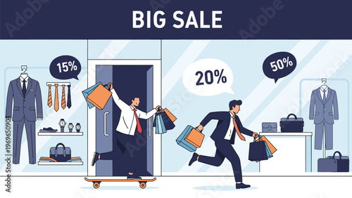 Busy businessmen running with many shopping bags past luxury clothing store windows during a massive seasonal sale event with high discounts.