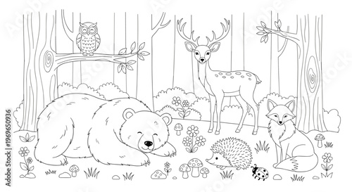 Detailed black and white coloring page featuring forest animals like a bear deer fox owl and hedgehog in woods.