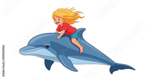 Small girl with long blonde hair happily riding on the back of a blue dolphin over a plain white background.