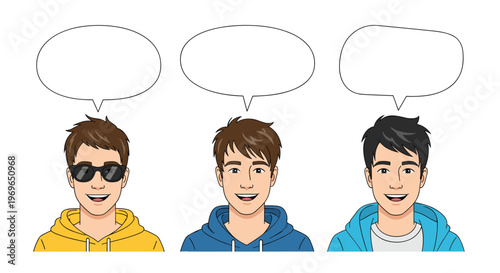 Three diverse young men smiling and wearing hoodies with empty speech bubbles above them on a white background.