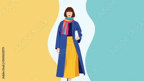 Stylish woman wearing a long blue coat and a yellow pleated skirt with a colorful striped scarf against a wavy abstract background.