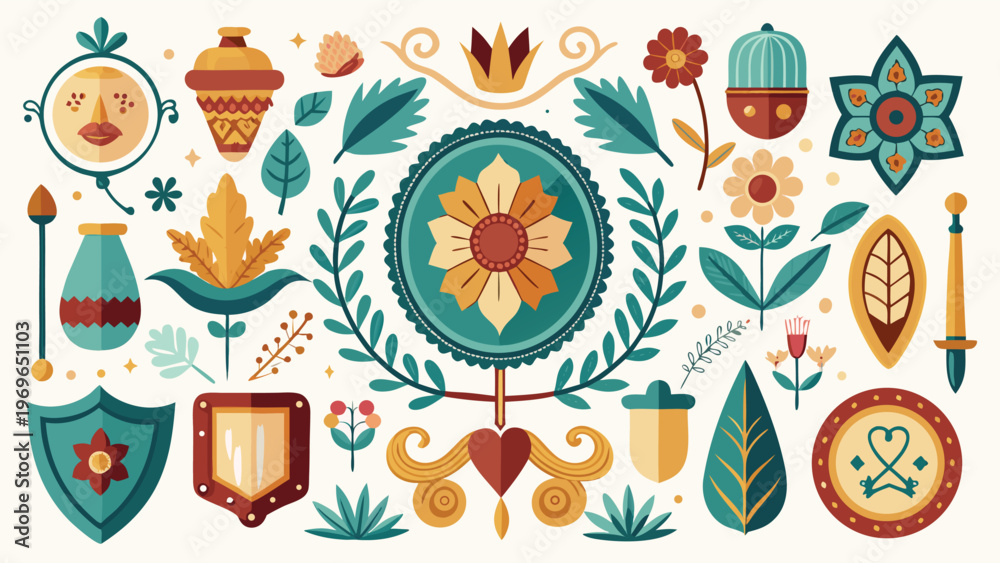 Fototapeta premium Decorative designs featuring flowers, shields, and symbols in a colorful arrangement from a creative project